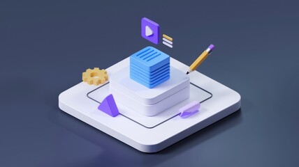 Fototapete - 3D illustration of data processing and content creation with various icons.