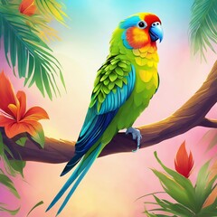 a parakeet is perched on a tree, with a green natural feel