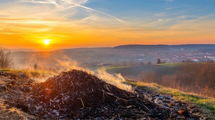 Wall Mural - Vibrant Glow Over Rural Burning Landscape at Dusk