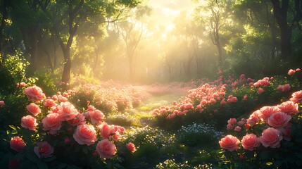 Wall Mural - Sunlit path through a mystical rose garden.