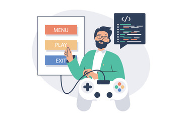 Leinwandbilder - Video game developer web concept with flat cartoon people for website design. Man programming and coding at game project, creating navigation buttons with menu, play and exit. Vector illustration.