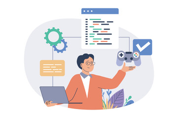 Fototapete - Video game developer web concept with flat cartoon people for website design. Man creating new game project, programming and coding, works with algorithm and processes at laptop. Vector illustration.