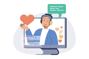 Leinwandbilder - Video streaming web concept with flat cartoon people for website design. Man creating blog content and making live broadcasting, communicating with flowers and collecting likes. Vector illustration.