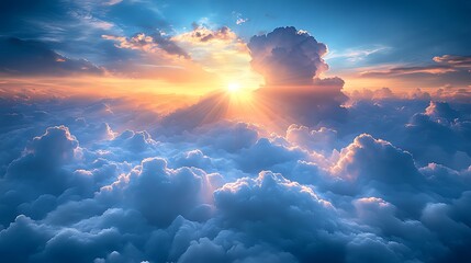 Wall Mural - vibrant sunset above fluffy clouds, sun rays breaking through.