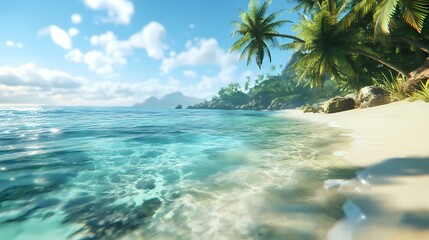 Wall Mural - a sunny tropical beach with crystal-clear water, gentle waves lapping the shore, palm trees swaying 