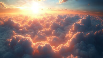 Wall Mural - aerial view of sunset above fluffy clouds.