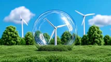 Wall Mural - A transparent bubble surrounds a wind turbine on green grass, with more turbines and trees in the background under a clear blue sky.