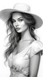 © ProPhotos - A pencil drawing of a woman with long hair and a hat. She is wearing a white dress and the image is in black and white.