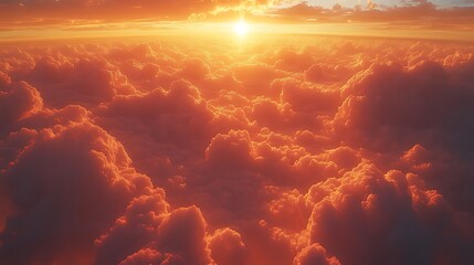 Wall Mural - aerial view of sunset over a sea of vibrant orange and red clouds.