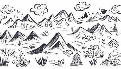 Hand-drawn mountain landscape elements; nature, design, illustration, background, website, graphic.