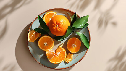 Wall Mural - Overhead view of fresh oranges with leaves on a plate, sunlight and shadows. Concept of healthy eating, vitamins, citrus fruits, and freshness.