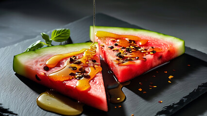 Wall Mural - Delicious watermelon slices drizzled with honey and sprinkled with spices.  Summer dessert, healthy snack, gourmet food photography.