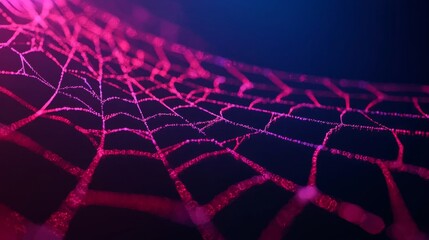 A vibrant, close-up view of a spider web illuminated with neon pink hues against a dark background, showcasing intricate patterns and textures.