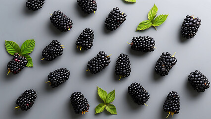 Wall Mural - Flat lay of fresh blackberries and leaves on a gray background.  Concept of healthy eating, summer harvest, and natural food.