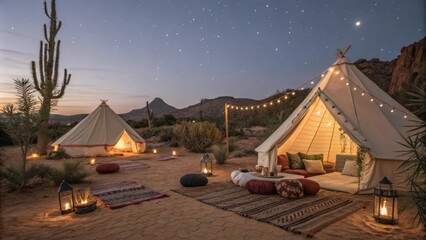 Wall Mural - comfortable tents illuminated by warm lights create a cozy atmosphere in a desert landscape, offerin