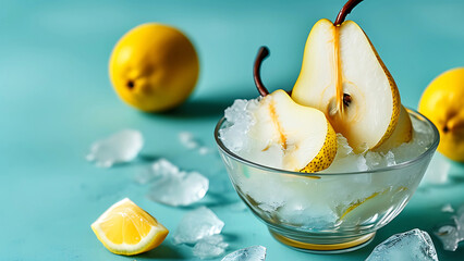 Wall Mural - Refreshing summer fruit, Sliced pears and lemons in a glass bowl with ice.  Concept of healthy eating, summer refreshment, and vibrant food photography.