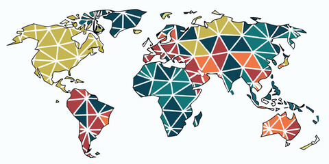 Fototapete - Colorful vector world map design featuring geometric patterns in various shades representing continents and oceans