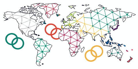 Fototapete - Colorful vector world map design featuring geometric patterns in various shades representing continents and oceans