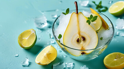 Wall Mural - Fresh pear and lime slices on ice