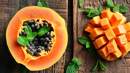 Wall Mural - Papaya and mango on wooden background