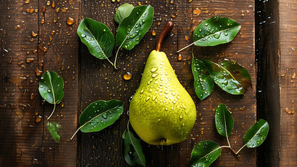 Wall Mural - Fresh pear with water drops on wooden background