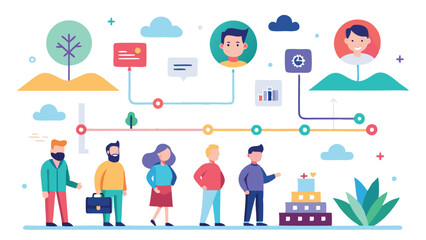 Fototapete - Visual representation of interconnected data flow showcasing individuals, technology, and growth in a modern workspace environment