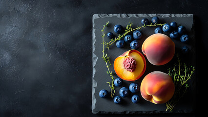 Canvas Print - Peaches and blueberries on slate