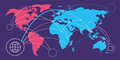 Leinwandbilder - Global connectivity illustrated through abstract world map featuring interlinked regions and data flow in vibrant colors