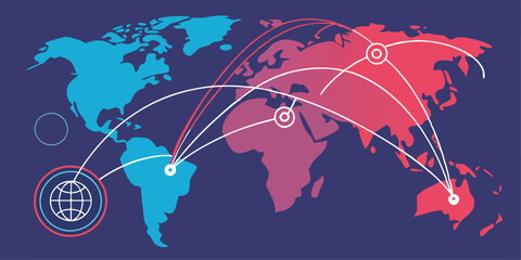 Leinwandbilder - Global connectivity illustrated through abstract world map featuring interlinked regions and data flow in vibrant colors