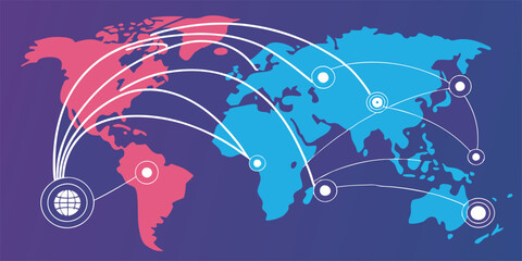 Leinwandbilder - Global connectivity illustrated through abstract world map featuring interlinked regions and data flow in vibrant colors