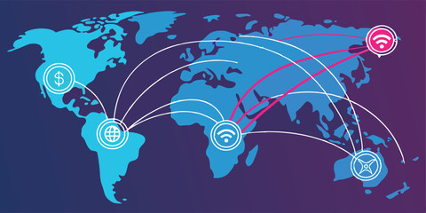 Leinwandbilder - Global connectivity illustrated through abstract world map featuring interlinked regions and data flow in vibrant colors