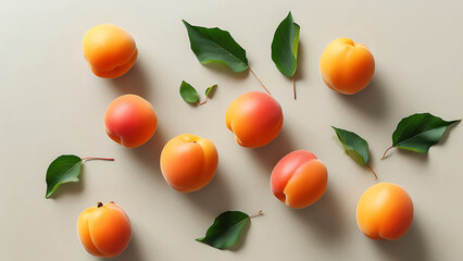 Wall Mural - Apricots and leaves on beige background