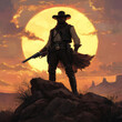 © janarthanan - A rough and tough bounty hunter from the 1860's. He is holding a .50 Sharps Rifle and standing on top of his latest bounty. The sun is setting in the background.