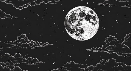 Night starry sky with full moon and cloud. Vector background with cloudy sky, moonlight