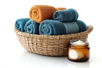 Poster - A wicker basket filled with towels and a jar of creamy lotion