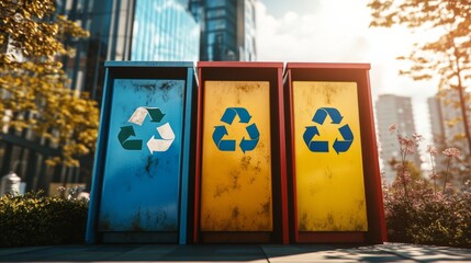 Poster - Modern Urban Plaza with Recycling Bins in Natural Light