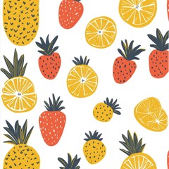 Poster - Vibrant tropical fruit pattern with pineapples, strawberries, and citrus slices on a bright background. Generative AI
