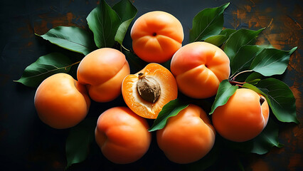 Wall Mural - Fresh ripe apricots with leaves