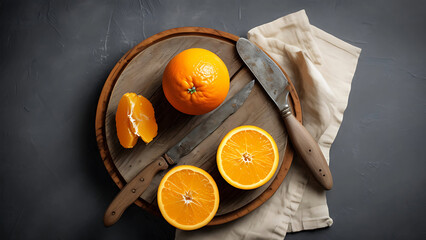 Canvas Print - Oranges, knife, wooden board