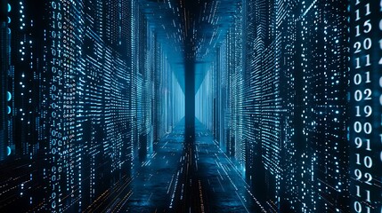 Blue digital tunnel with binary code.