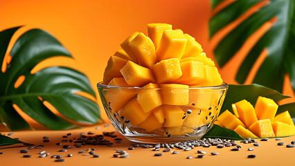 Wall Mural - Fresh mango cubes in a glass bowl