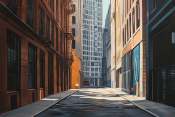  A busy urban street with towering skyscrapers and bustling activity