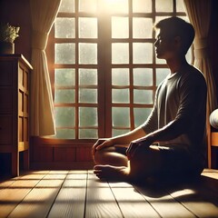 Wall Mural - a person sitting alone in a peaceful, dimly lit room, practicing deep breathing to manage stress and