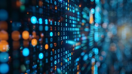 Display of binary numbers on monitor, Blue digital binary data on computer screen with bokeh