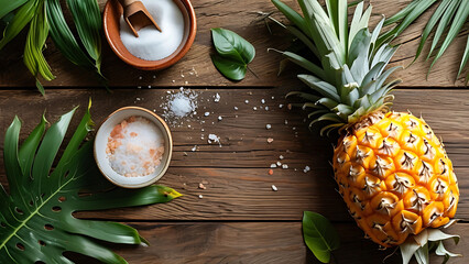 Canvas Print - Pineapple, salt, and tropical leaves on wood