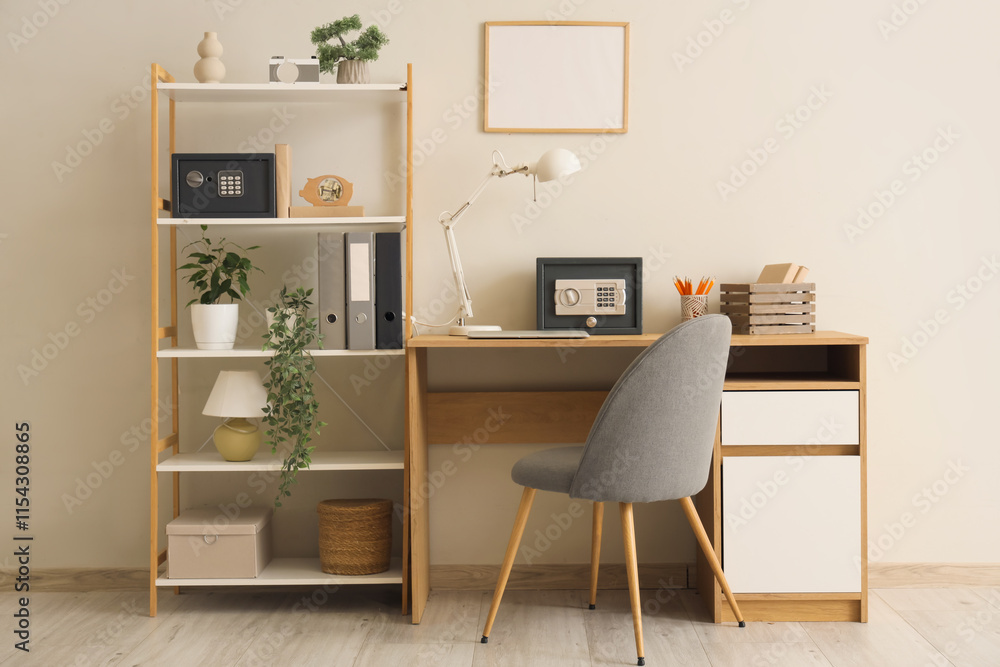 Interior of room with workplace, shelving unit and safe boxes on table near white wall