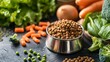 © MdRowshan - Dry pet food in bowl and fresh vegetables on dark background