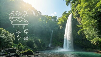 Wall Mural - lush green forest encases a spectacular waterfall, visually describing nature's water cycle, emphasi