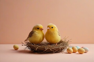 Wall Mural - there are two small birds sitting on a nest with eggs