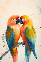 Naklejka na meble Two vividly colored parrots are engaged in a display of affection while perched closely on a branch. The artwork captures their bright feathers and an abstract background filled with splashes of color